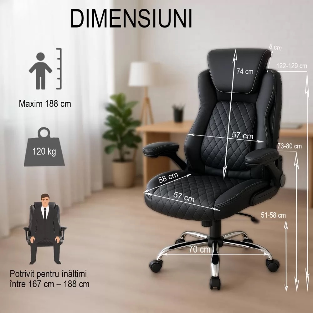 Scaune directoriale Office 651 cu suport lombar și tetieră reglabilă Dimensiuni 5